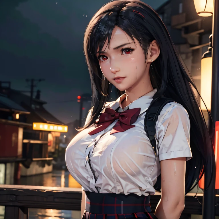 (masterpiece, best quality:1.2), solo, 1girl, school girl uniform , steam , rain , plaid skirt , pleated skirt , The shirt is tight. , white shirt , school girl , red bow , red knot , highly detailed photo of Tifa Lockhart posing, final fantasy 7 remake, red eyes, intricate, highres, 8k, detailed hair , wet and sweaty , wet white shirt , Nipples can be seen through ,