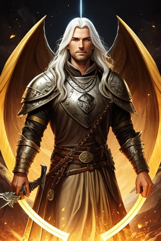 dungeons and dragons, Aasimar protective man, brawny, long  white hair, yellow eyes, leather armour, sun shaped necklace, short sword in right hand and shield in left hand