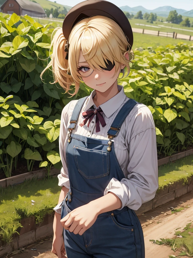 Fischl from Genshin impact game, 1woman, as a farm woman, wearing farm outfit with overalls and hat, at a farm, blonde hair style, one eye patch, 8k, high detailed, high quality, full body