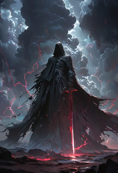 (masterpiece, best quality:1.2), Death in the Storm，cloak，Holding a long red knife，moonlight，heavily clouded，Thunder and lightning， Dark fantasy illustration style , Dark Arts, High contrast, Dark Shadows, Atmospheric perspective, Melancholic colors, Thin Film Component, Volumetric Lighting, number, Brushstrokes, Dramatic Lighting, Low angle shot, Surrealism, Very detailed, Surrealism