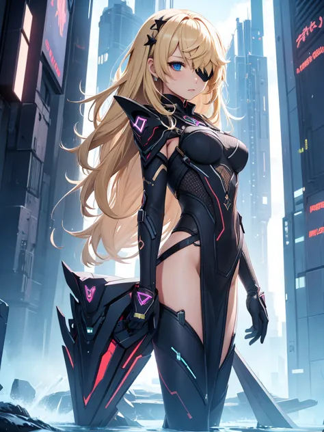 fischl from genshin impact game, 1girl, wearing a futuristic outfit, at a future city, blonde hair, one eye patch, 8k, high deta...