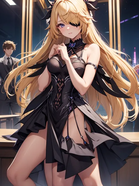 fischl from genshin impact game, 1girl, wearing a black colour stylish party frock, at a night party, blonde hair, one eye patch...