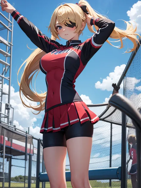 fischl from genshin impact game, 1girl, as a cheerleader, wearing a cheerleader outfit, at a playground, blonde hair, one eye pa...