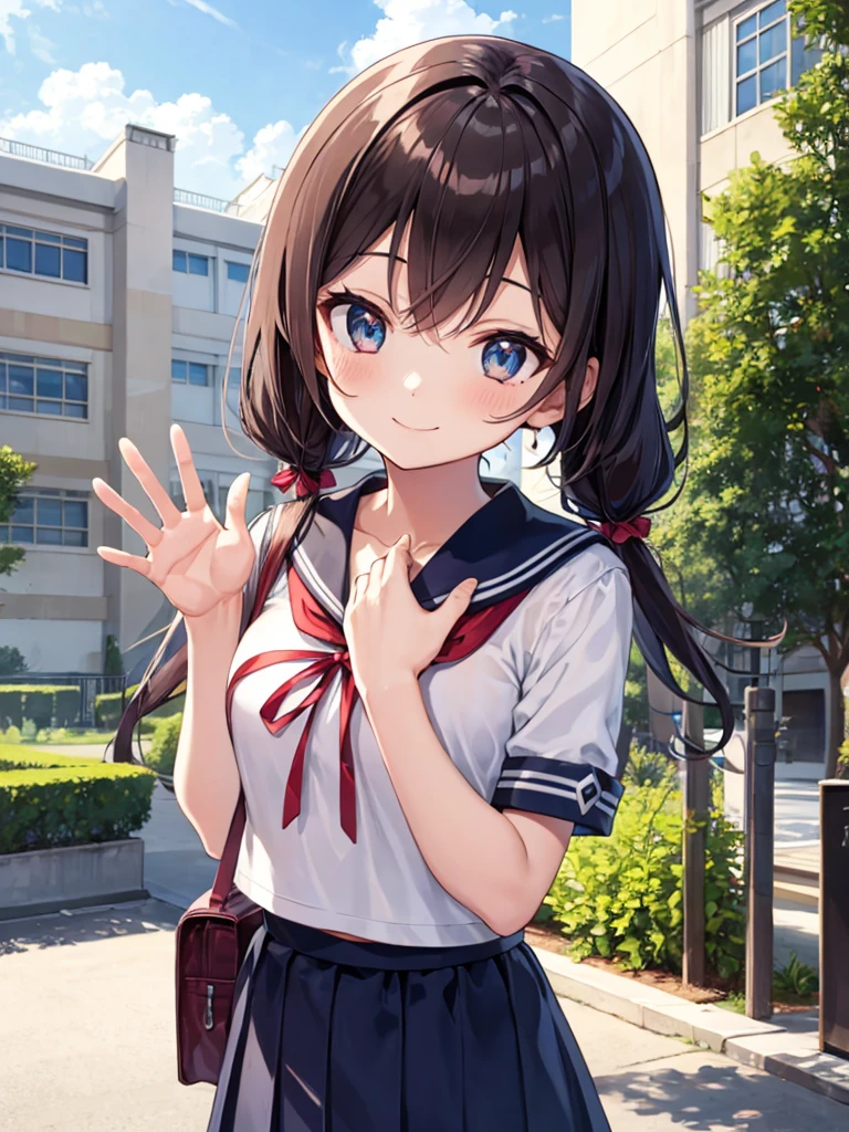 1girl, standing, (waving at the camera with left hand), (right hand on chest), (head tilt), smile, 15yo, 1girl, standing, gentle smile, 15yo, head tilt,
school building on the back,
4-story white school building, outdoor, tree on side, (low twintails girl), low pigtails, red ribbon on hair, very long black hair, white serafuku with blue ribbon, navy-blue collar, navy-blue skirt, (dark brown eye), 1 school bag on right shoulder, afternoon, summer, school, (from front:1.4), upper body, anime, high brightness, detailed face, detailed eyes, (high quality, ultra detailed, masterpiece, super detail, highres, anatomically correct, UDH), good hands, good fingers Japanese anime style, extremely cute, detailed fingers, detailed digit