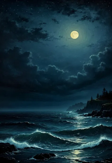 Sea , digital painting, high quality the darkest longest night of the year, style of Ralph Blakelock, Ed Emshwiller, Marianna Ro...