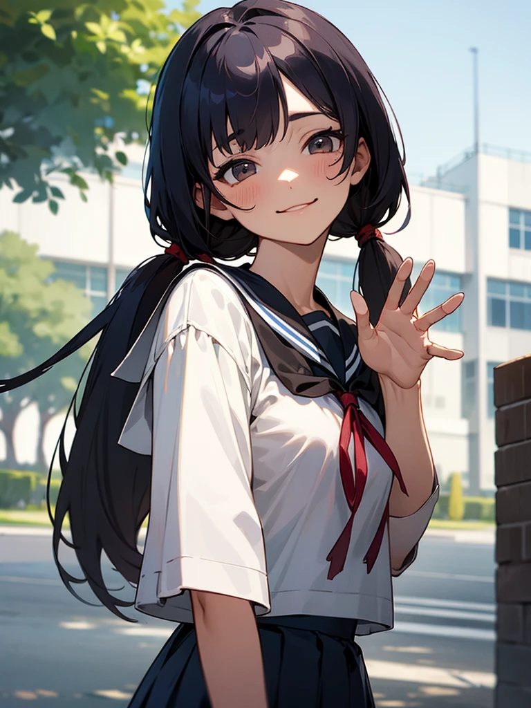 1girl, standing, (waving at the camera with left hand), (right hand on chest), (head tilt), smile, 15yo, 1girl, standing, gentle smile, 15yo, head tilt,
school building on the back,
4-story white school building, outdoor, tree on side, (low twintails girl), low pigtails, red ribbon on hair, very long black hair, white serafuku with blue ribbon, navy-blue collar, navy-blue skirt, (dark brown eye), 1 school bag on right shoulder, afternoon, summer, school, (from front:1.4), upper body, anime, high brightness, detailed face, detailed eyes, (high quality, ultra detailed, masterpiece, super detail, highres, anatomically correct, UDH), good hands, good fingers Japanese anime style, extremely cute, good fingers, good digit