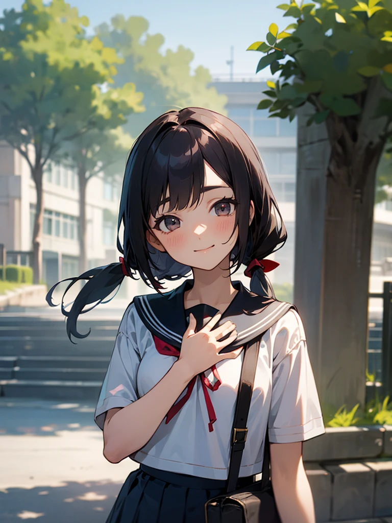 1girl, standing, (waving at the camera with left hand), (right hand on chest), (head tilt), smile, 15yo, 1girl, standing, gentle smile, 15yo, head tilt,
school building on the back,
4-story white school building, outdoor, tree on side, (low twintails girl), low pigtails, red ribbon on hair, very long black hair, white serafuku with blue ribbon, navy-blue collar, navy-blue skirt, (dark brown eye), 1 school bag on right shoulder, afternoon, summer, school, (from front:1.4), upper body, anime, high brightness, detailed face, detailed eyes, (high quality, ultra detailed, masterpiece, super detail, highres, anatomically correct, UDH), good hands, good fingers Japanese anime style, extremely cute, good fingers