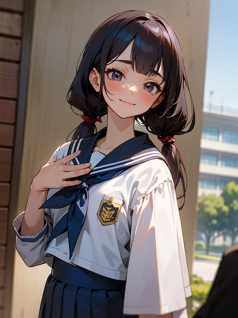 1girl, standing, (waving at the camera with left hand), (right hand on chest), (head tilt), smile, 15yo, 1girl, standing, gentle smile, 15yo, head tilt,
school building on the back,
4-story white school building, outdoor, tree on side, (low twintails girl), low pigtails, red ribbon on hair, very long black hair, white serafuku with blue ribbon, navy-blue collar, navy-blue skirt, (dark brown eye), 1 school bag on right shoulder, afternoon, summer, school, (from front:1.4), upper body, anime, high brightness, detailed face, detailed eyes, (high quality, ultra detailed, masterpiece, super detail, highres, anatomically correct, UDH), good hands, good fingers Japanese anime style, extremely cute, good fingers