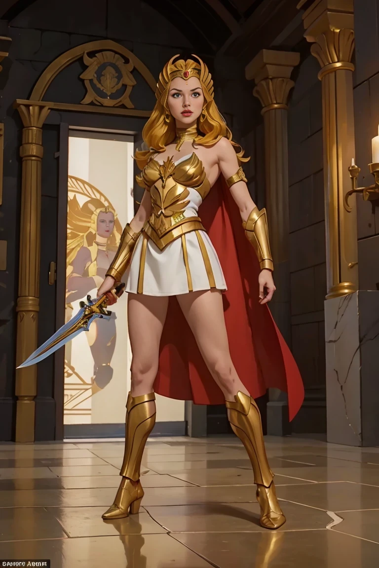 ((Full body photo, standing, feet on the ground)) 2 girl, Gal Gadot, ultra-realism, ultra-resolution, HDR, Photographic realism, Heroine pose, holding a sword, woman, medium breasts, straight hair and large, with golden Scorpion armor with white and red details, Knight of the Zodiac, golden Athenian helmet, black cape, in Greece, fight, 8k, full body, slight smile, frontal shot.
