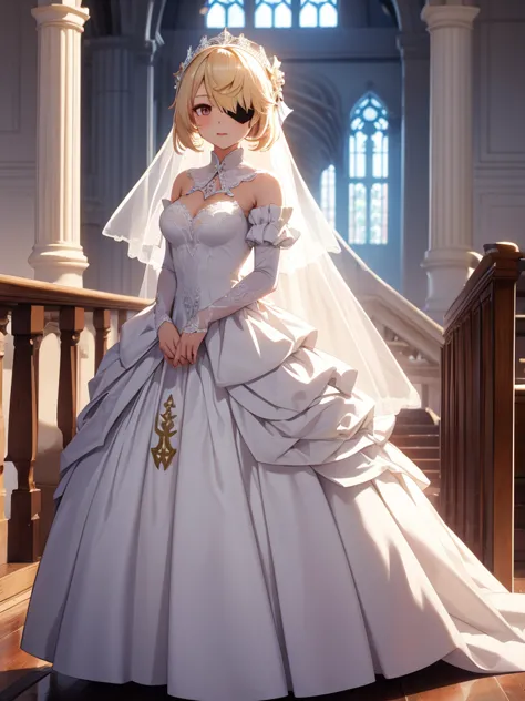 fischl from genshin impact game, 1girl, wearing a wedding dress, as a bride, white colour wedding frock, at a wedding ceremony ,...