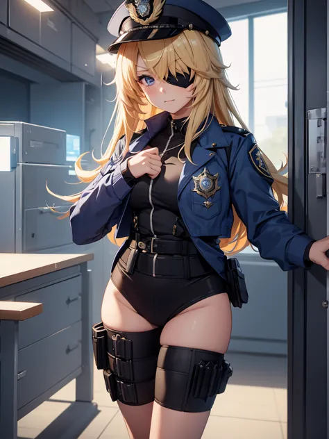 fischl from genshin impact game, 1girl, wearing a police uniform, at a police station , blonde hair, one eye patch, 8k, high det...