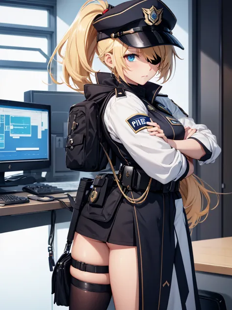 fischl from genshin impact game, 1girl, wearing a police uniform, at a police station , blonde hair, one eye patch, 8k, high det...