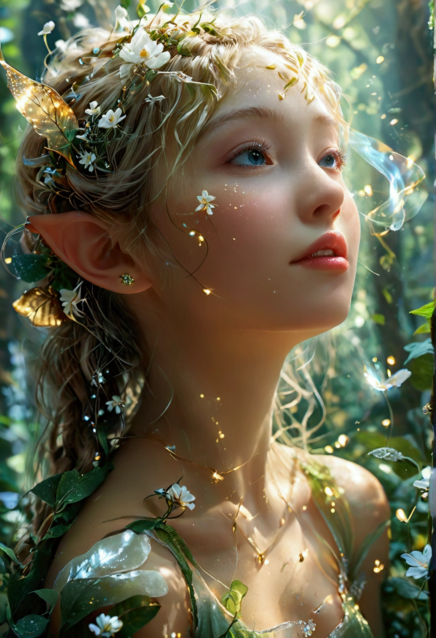 realistic fairy forest, Tinkerbell made of gold and white transparent light_delicate features, Translucent foot-raising body, A variety of small flowers and plants made of light, Ultrafine particles shining in the air_Tinkerbell center close-up angle, A mysterious background where small particles of natural light emit light., ultra high resolution, 8k, Very detailed details, Product detailed image, surreal photo, the greatest masterpiece:1.2, Glowing white smoke spreading in the air, aura,