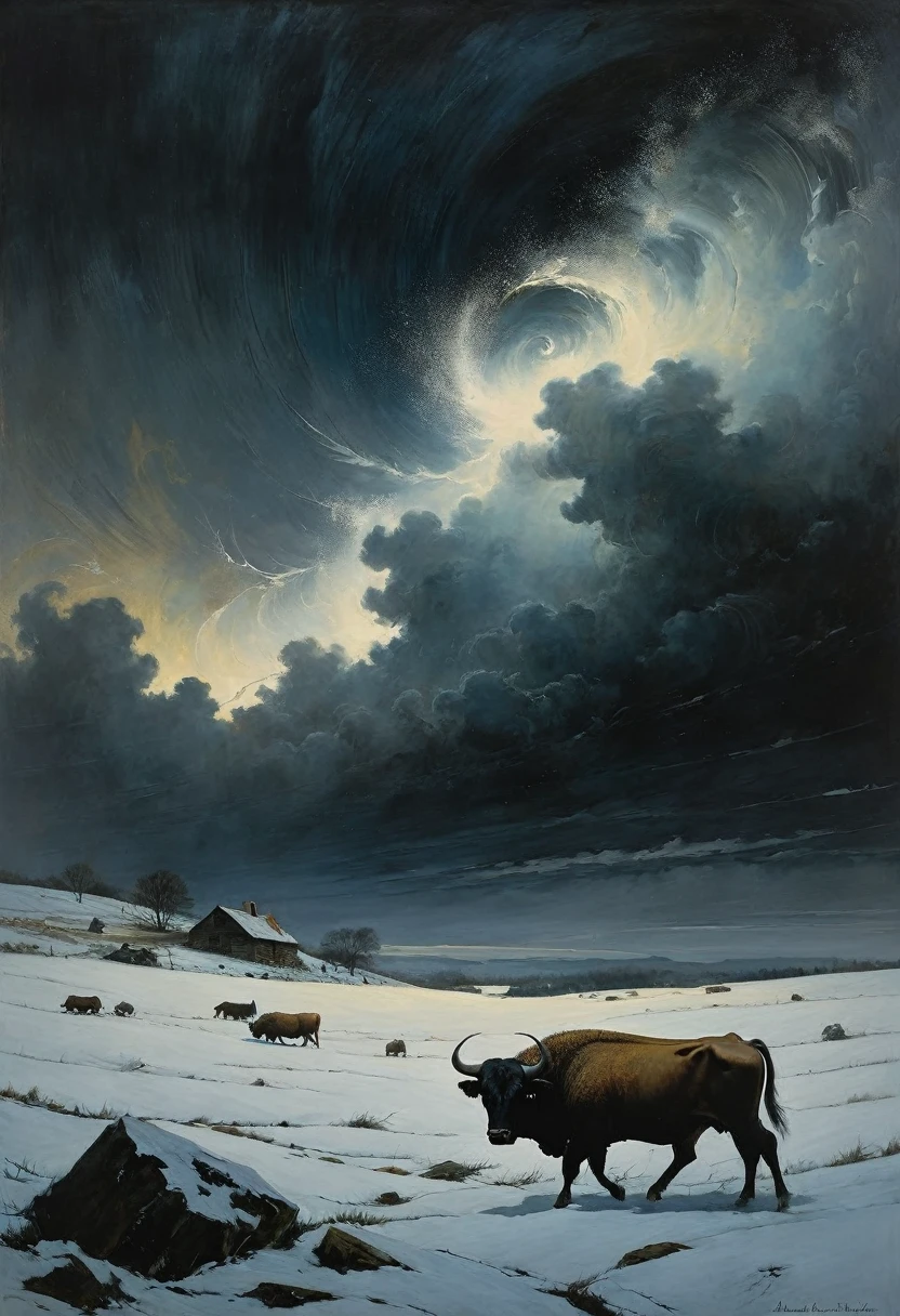 Ein Sturm mit Dunkelheit bedeckt den Himmel mit wirbelnden Schneewirbeln, dann heult es wie ein Ochse, dann weint es wie ein , digitale Zeichnung, hohe Qualität die dunkelste und längste Nacht des Jahres, Stil von Andrew Wyeth, Charlie Bowett, Albert Joseph Penaud, Dariusz Zawadzki. Tetsuya Ishida. Zdzislaw Beksinski. Patrizia Piccinini. Mark Powell. Ralph Blakelock, Ed Emshwiller, Marianne Wroten, (beste Qualität, Meisterwerk 1.2) - ((beste Qualität)), ((Meisterwerk)) (Detail), 16k.
