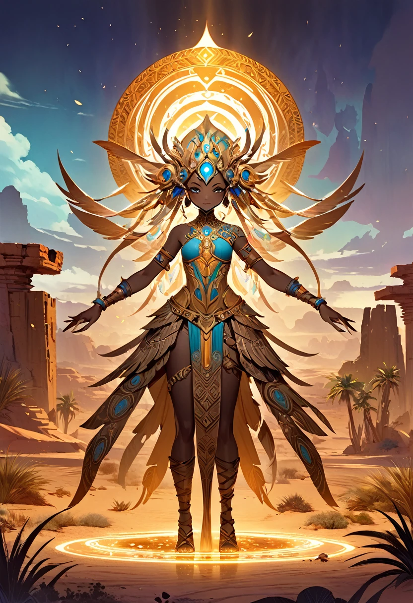 a medium detailed illustration of the "Oracle of the Ochre Oasis" entity, featuring an adoptable and cannibalistic character with a new attitude, fantasy art, mystical, colorful, magical, detailed character design, concept art, standing in a vibrant desert oasis setting, surrounded by ancient ruins, character centered, dynamic pose, ornate accessories, character customization, creative interpretation, medium shot, high-quality rendering, intricate patterns, digital painting, 4k resoluation.