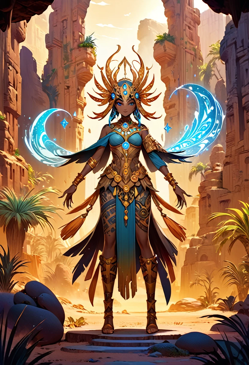 a medium detailed illustration of the "Oracle of the Ochre Oasis" entity, featuring an adoptable and cannibalistic character with a new attitude, fantasy art, mystical, colorful, magical, detailed character design, concept art, standing in a vibrant desert oasis setting, surrounded by ancient ruins, character centered, dynamic pose, ornate accessories, character customization, creative interpretation, medium shot, high-quality rendering, intricate patterns, digital painting, 4k resoluation.