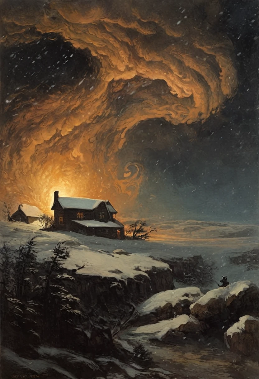 Une tempête sombre couvre le ciel de tourbillons de neige tourbillonnants, puis il hurle comme un bœuf, alors il pleure comme un , peinture numérique, haute qualité la nuit la plus sombre et la plus longue de l&#39;année, style par Andrew Wyeth, Charlie Bowett, Albert Joseph Penaud, Dariusz Zawadzki. Tetsuya Ishida. Zdzislaw Beksinski. Patrizia Piccinini. Marc Powell. Ralph Blakelock, Ed Emshwiller, Marianne a écrit, (Meilleure qualité, chef-d&#39;œuvre 1.2) - ((Meilleure qualité)), ((chef-d&#39;œuvre)) (détail), 16k.
