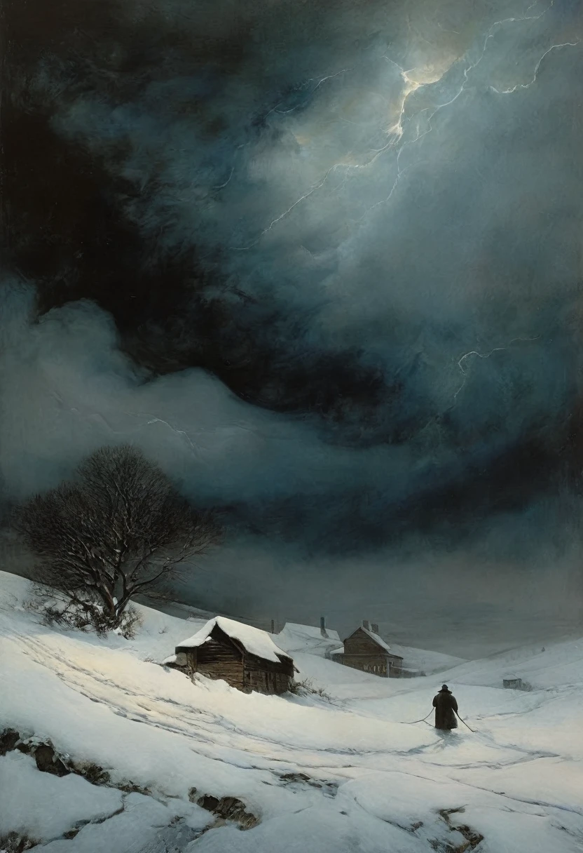 Une tempête sombre couvre le ciel de tourbillons de neige tourbillonnants, puis il hurle comme un bœuf, alors il pleure comme un , peinture numérique, haute qualité la nuit la plus sombre et la plus longue de l&#39;année, style par Andrew Wyeth, Charlie Bowett, Albert Joseph Penaud, Dariusz Zawadzki. Tetsuya Ishida. Zdzislaw Beksinski. Patrizia Piccinini. Marc Powell. Ralph Blakelock, Ed Emshwiller, Marianne a écrit, (Meilleure qualité, chef-d&#39;œuvre 1.2) - ((Meilleure qualité)), ((chef-d&#39;œuvre)) (détail), 16k.
