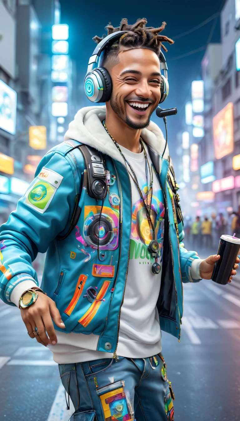 Adult BRAZILIAN man dressed in urban clothes, on a white background, he is a disc jockey and is PLAYING and DANCING his music and holographic signs, HAPPY on the road. are drinking and laughing, The uniform WHITE background and cyberpunk, high tech vibe. adorable digital painting, 3D rendering, bright lighting, swirly vibrant colors. adult people, pessoas bonitas, different faces.