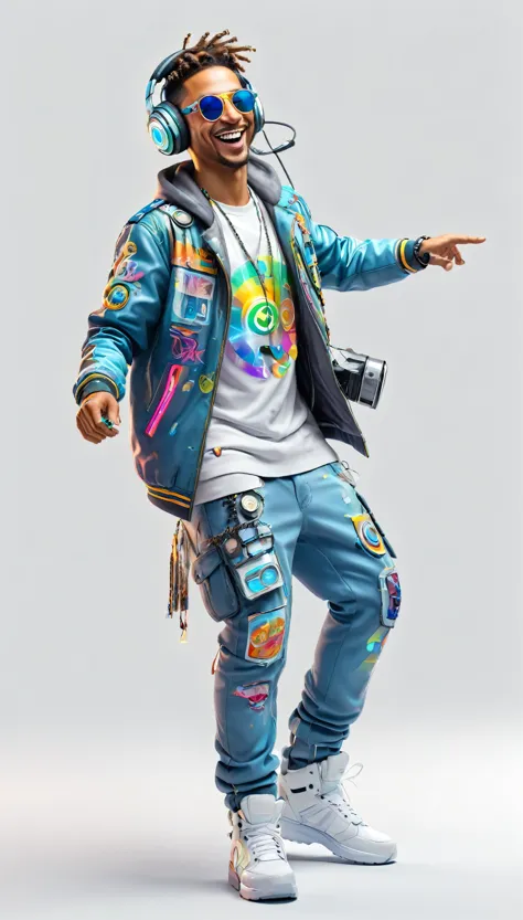 Adult BRAZILIAN man dressed in urban clothes, on a white background, he is a disc jockey and is PLAYING and DANCING his music and holographic signs, HAPPY on the road. are drinking and laughing, The uniform WHITE background and cyberpunk, high tech vibe. adorable digital painting, 3D rendering, bright lighting, swirly vibrant colors. adult people, pessoas bonitas, different faces.