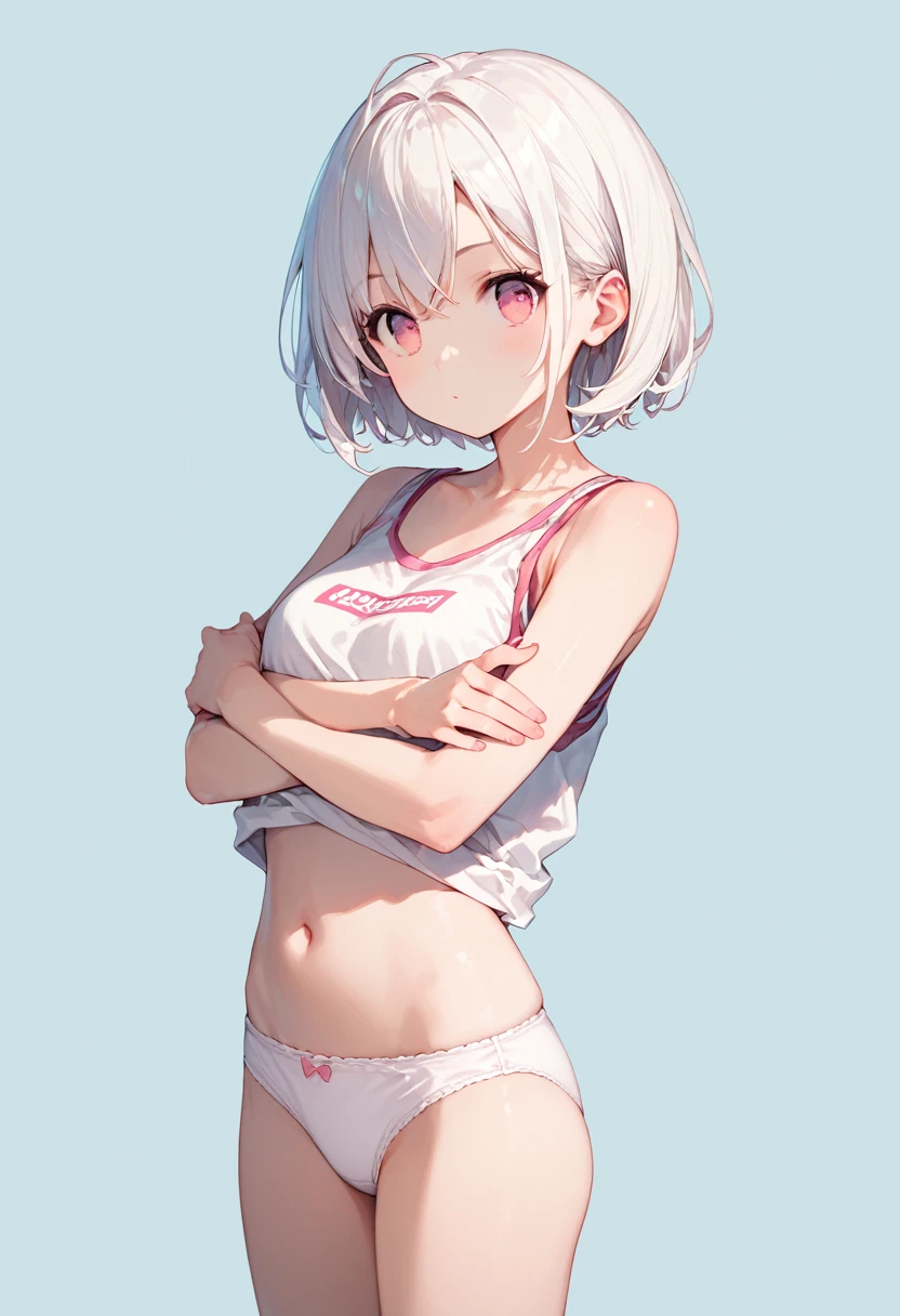 score_9, score_8_up, score_7_up,source_anime, high res image,masterpiece,best quality,girl,cute face,clear skin,simple background, jyojipan, panties, white hair, short hair, pink eyes,