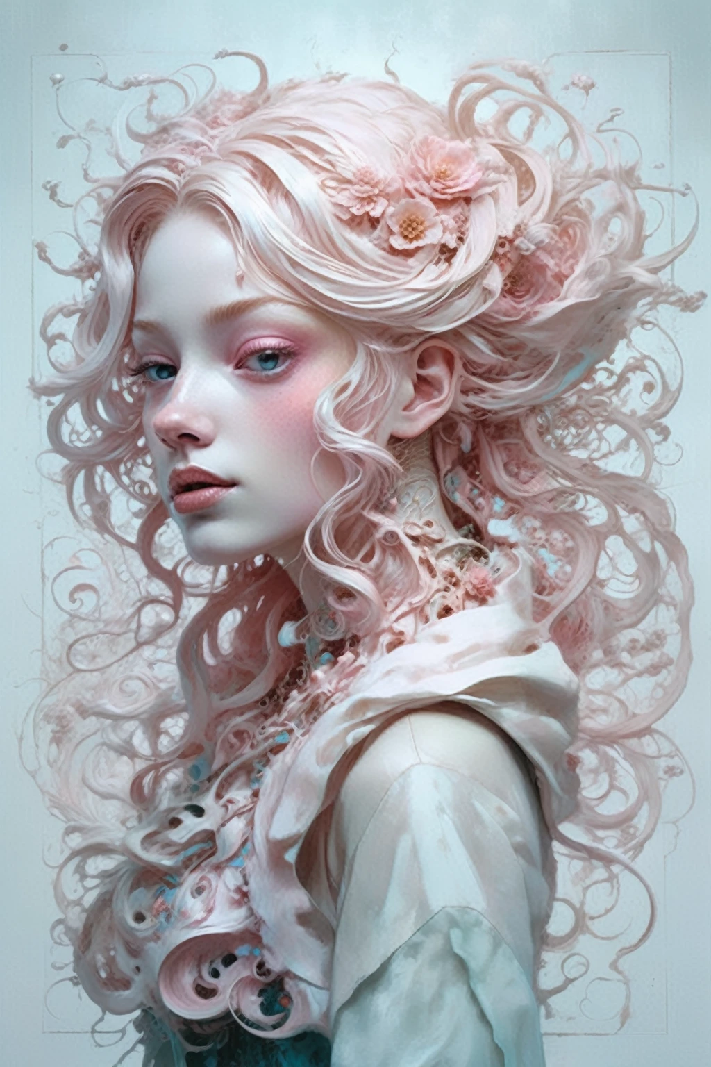 Cinématique, photoréaliste d&#39;une fille albinos, couleurs vives cyan blanc rose, fantaisie, ton chaud, surréaliste, Chef-d&#39;œuvre photoréaliste en résolution 8k d&#39;Aaron Horkey et Jeremy Mann, photographie professionnelle, Éclairage volumétrique Photoillustration maximaliste par Marton Bobzert, Art conceptuel de résolution 8k finement détaillé, Complexe, élégant, expansif, Fantastique, Nuages mythiques