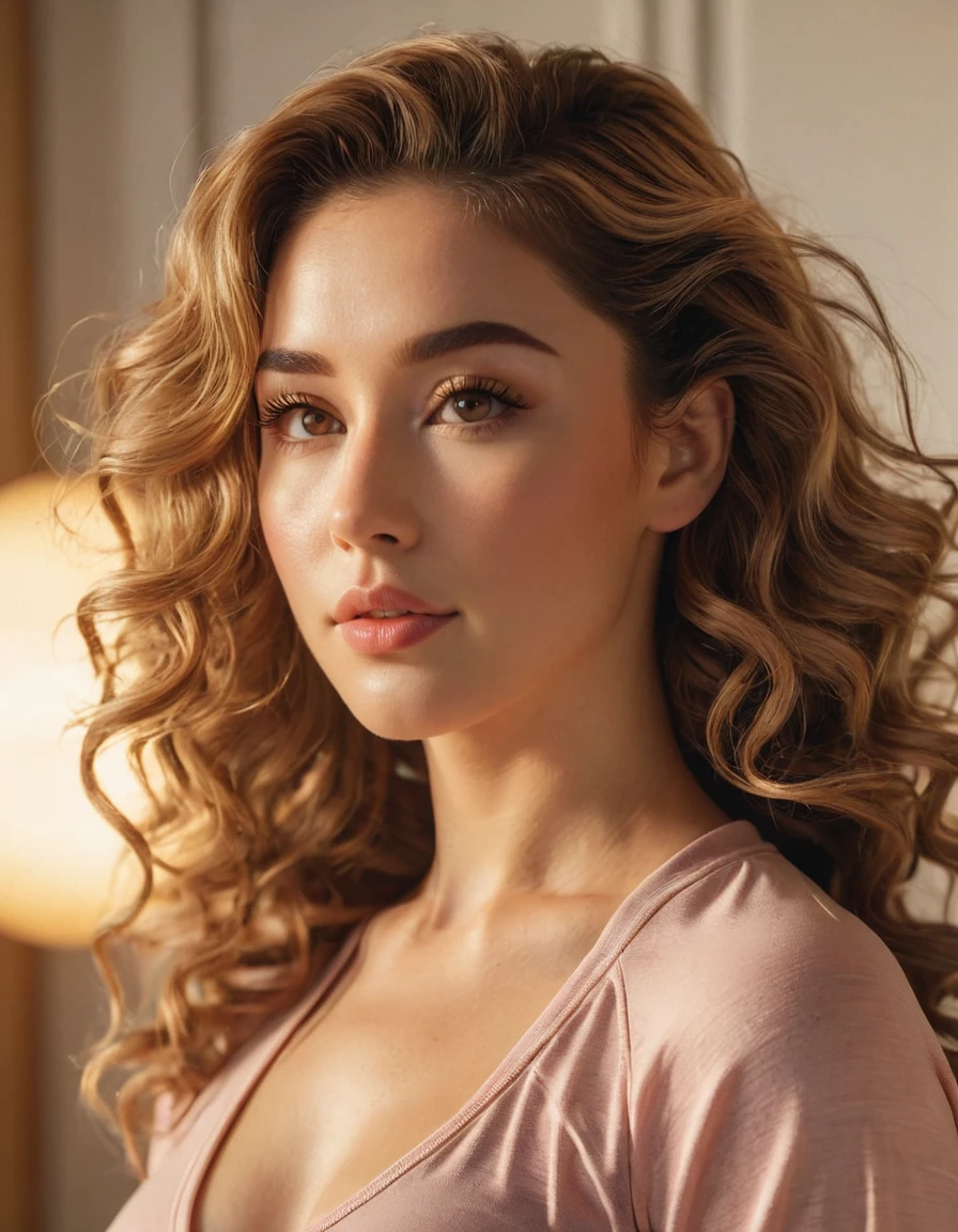 Best quality,a high resolution,8K masterpiece, atmosphere, golden hour light:1.3, bright light hard light:1.2, Color of Fuji:1.5, film grain attractive woman, 22, gentle western features, real proportion:1.5, Slightly curly hair , bright lights, thick sexy eyebrows:1.4, long eyelashes:1.3,deep gaze:1.3, (real skin texture:1.3), medium thick lips :1.3, brown golden eyes :1.5, stand in her bedroom, in room , yoga clothes:1.4, high contrast .