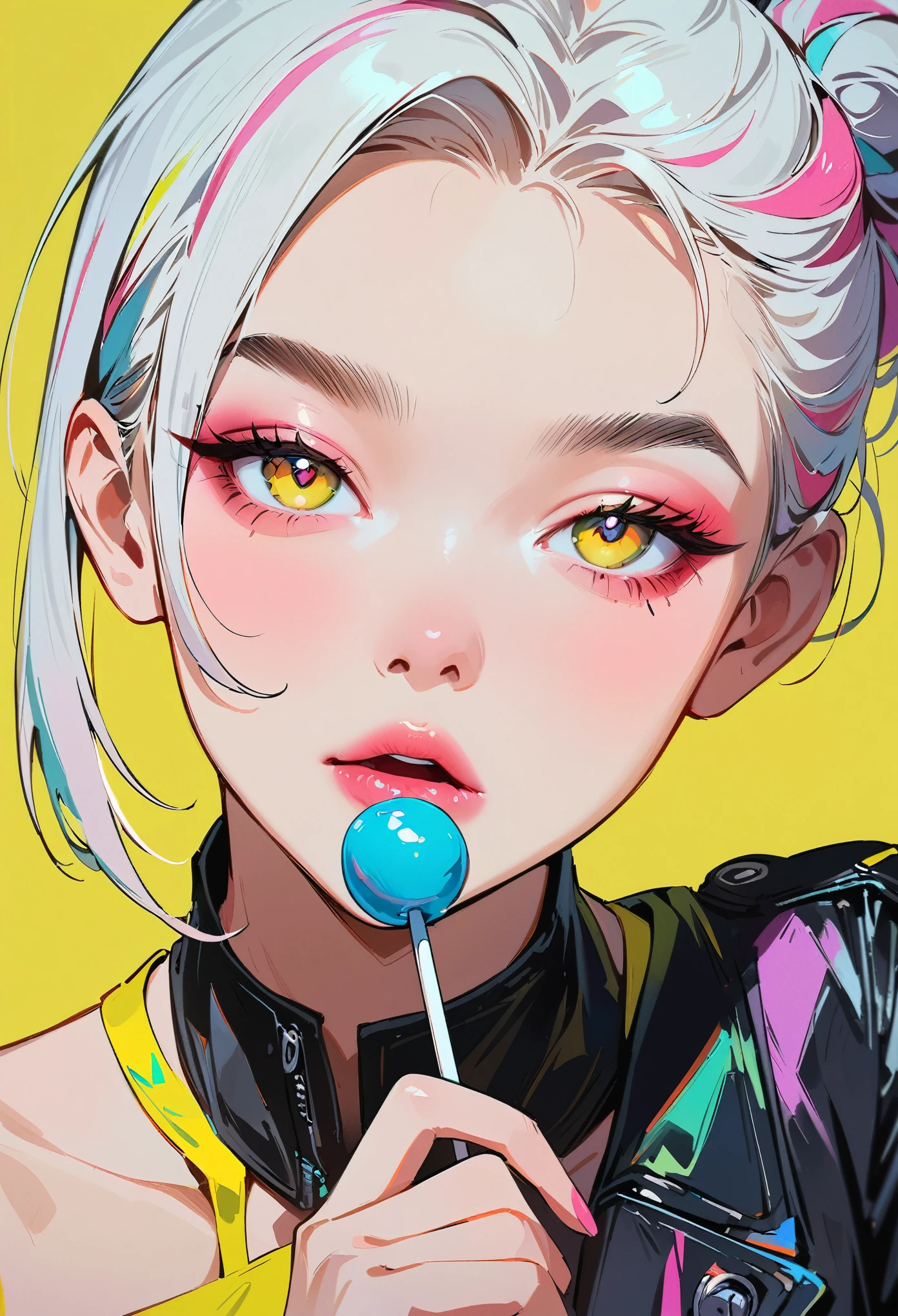 (masterpiece, best quality:1.4), 1 girl, 独奏, Anime style, Colorful pupils, Blurred eyes, Eat Lollipop, Pink lower lip, Cyberpunk style makeup, Short silver asymmetrical hair, Asymmetrical short hairstyle, Long bangs on one side, Color highlights, Black off-the-shoulder leather jacket, Pure yellow background.