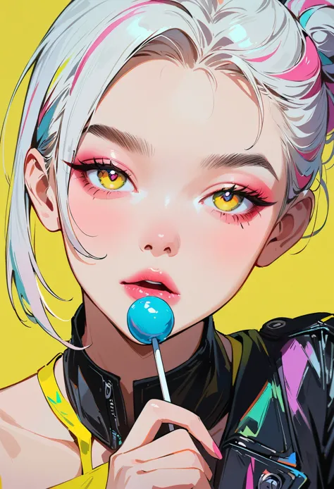 (masterpiece, best quality:1.4), 1 girl, 独奏, Anime style, Colorful pupils, Blurred eyes, Eat Lollipop, Pink lower lip, Cyberpunk style makeup, Short silver asymmetrical hair, Asymmetrical short hairstyle, Long bangs on one side, Color highlights, Black off-the-shoulder leather jacket, Pure yellow background.