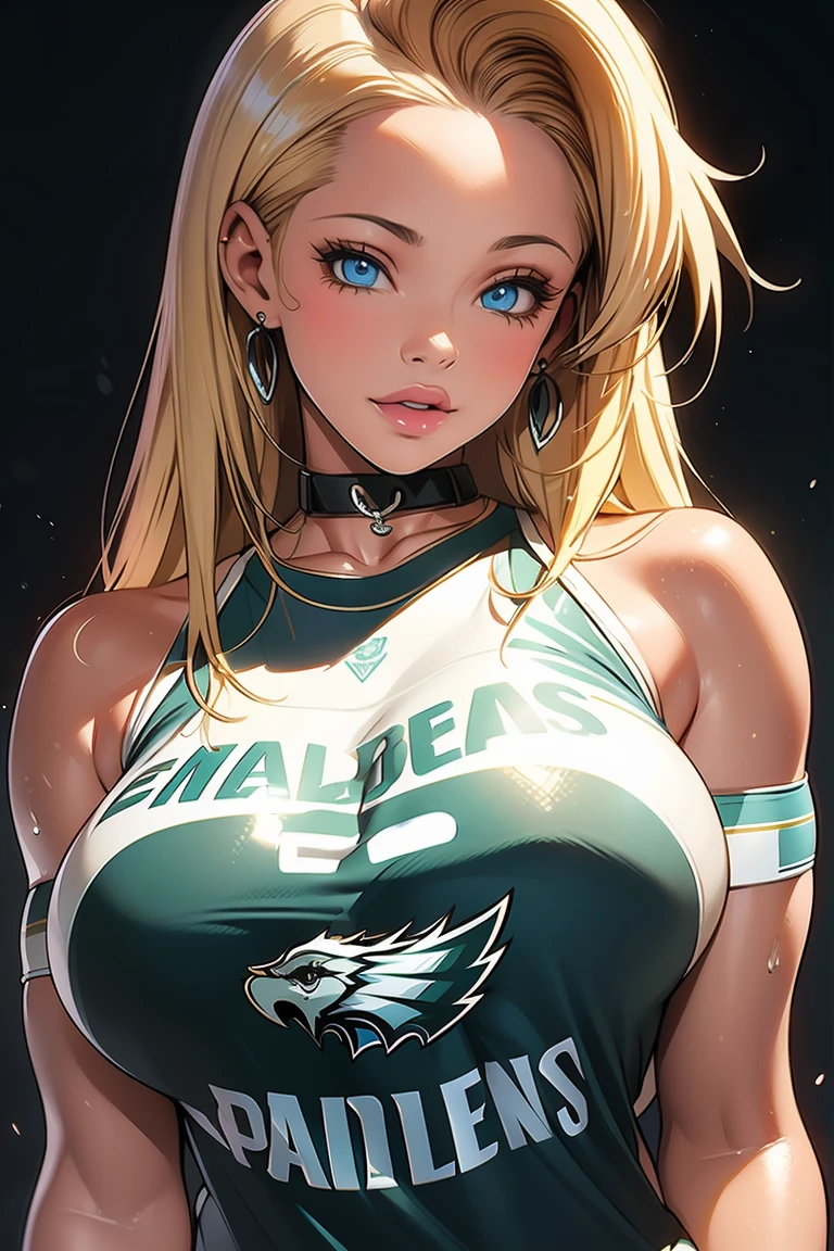 Pamela Anderson pechos enormes cabello rubio rostro atractivo labios entreabiertos labios gruesos vistiendo una camiseta de los Philadelphia Eagles, (((estilo druuna))) gigantic