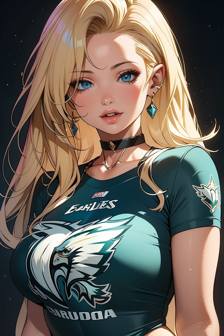 Pamela Anderson pechos enormes cabello rubio rostro atractivo labios entreabiertos labios gruesos vistiendo una camiseta de los Philadelphia Eagles, (((estilo druuna))) gigantic