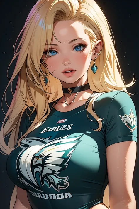 Pamela Anderson huge breasts blonde hair attractive face parted lips thick lips wearing Philadelphia eagles shirt, (((druuna sty...