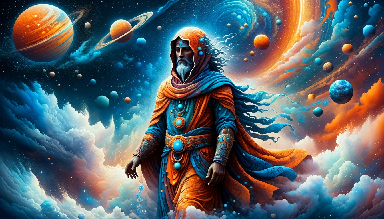 Create a woodcut style image digital art surreal art that depicts a mystical figure with divine characteristics, the figure is one chosen by the gods of spirituality,the figure is shrouded in clouds looking at the planets and ancestral signs, Use a vibrant color palette, including blue, oranges and whites, to create heavenly contrast and a stunning visual effect