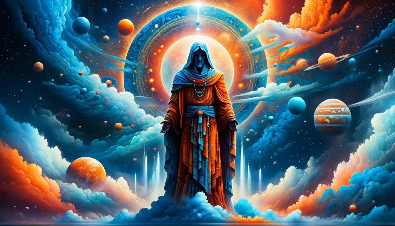 Create a woodcut style image digital art surreal art that depicts a mystical figure with divine characteristics, the figure is one chosen by the gods of spirituality,the figure is shrouded in clouds looking at the planets and ancestral signs, Use a vibrant color palette, including blue, oranges and whites, to create heavenly contrast and a stunning visual effect