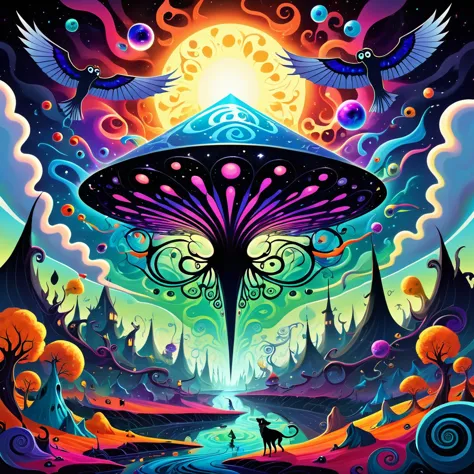 In the whims of darkness, Vivid cartoon world, A kaleidoscope of flying objects swirls through a surreal horror landscape, A fan...