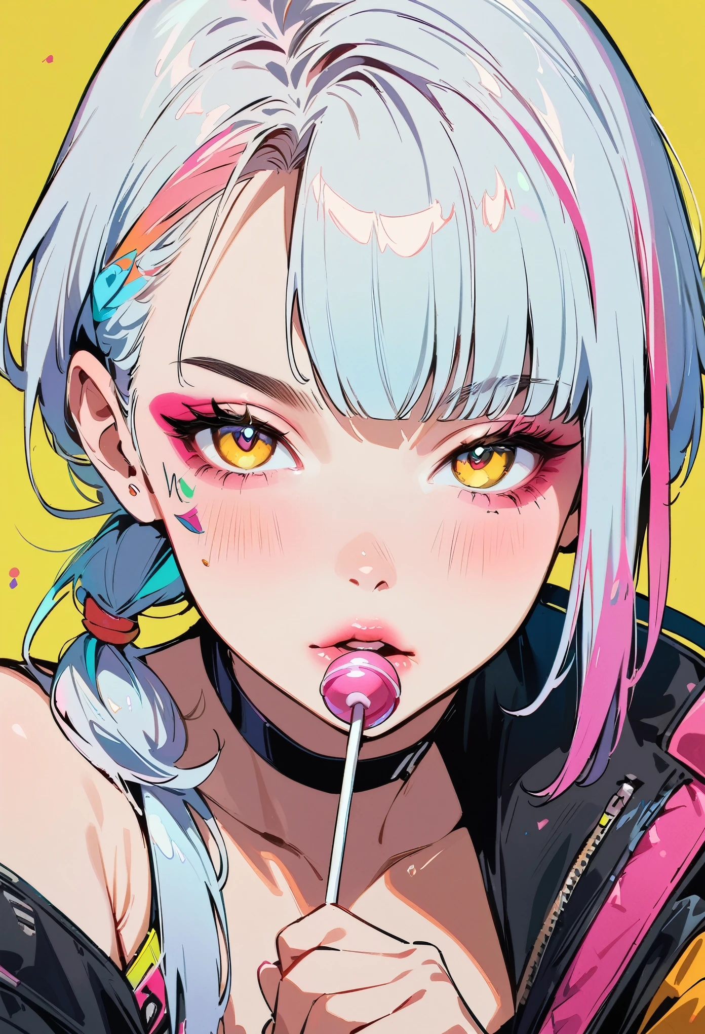 (masterpiece, best quality:1.4), 1 girl, 独奏, Anime style, Colorful pupils, Blurred eyes, Eat Lollipop, Pink lower lip, Cyberpunk style makeup, Short silver asymmetrical hair, Asymmetrical short hairstyle, Long bangs on one side, Color highlights, Black off-the-shoulder leather jacket, Pure yellow background.