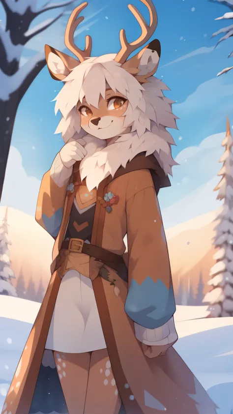 ((by reysi)), best quality, super detailed illustration, (fluffy deer boy:1.4) , feminine face and body, disheveled thick hair, ...