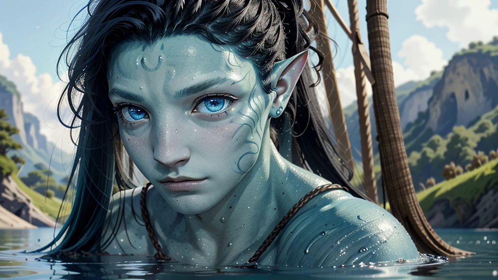 ((ultra detailed, masterpiece, absurdres))
AvAonung, 1boy, blue skin, blue eyes, black hair, looking at viewer, portrait, in a lake