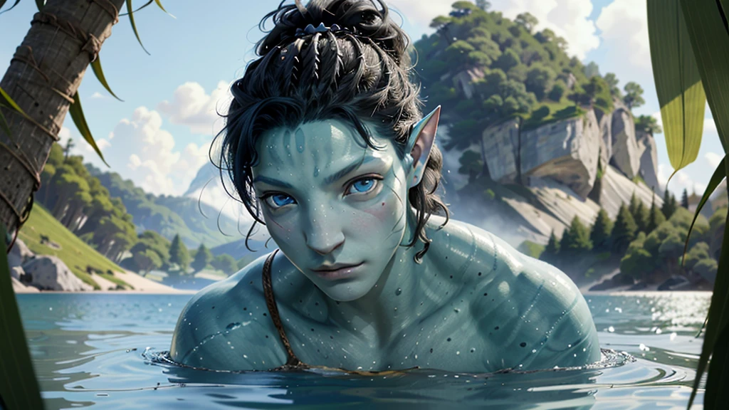 ((ultra detailed, masterpiece, absurdres))
AvAonung, 1boy, blue skin, blue eyes, black hair, looking at viewer, portrait, in a lake