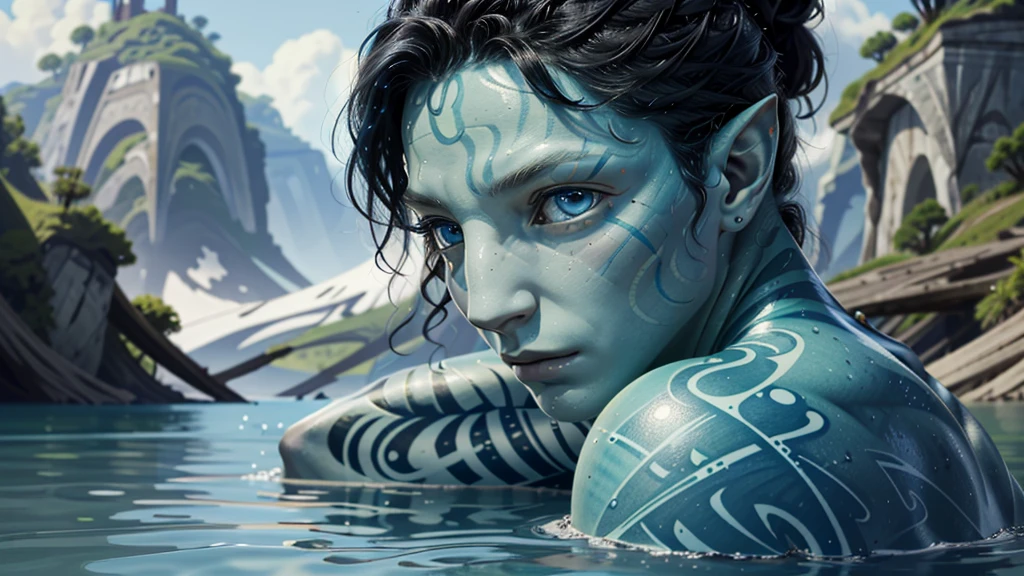 ((ultra detailed, masterpiece, absurdres))
AvAonung, 1boy, blue skin, blue eyes, black hair, looking at viewer, portrait, in a lake