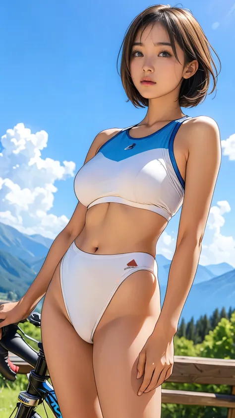  (girl, 12 years old, Same height :1.2) , (Large Breasts:1.2, No bra:1.2), masterpiece，Mountain bike，Cycling Enthusiasts，beautiful girl，Professional attire，Blue sky and white clouds，8k,  日本のgirl , Very short hair , Camel Toe, (High color saturation:1.0),  (skin is very delicate), (Highest quality:1.0), (Ultra-high resolution:1.0) ,(Actual:1.0), (Very detailed:1.0), (8k, RAW Photos:1.1)