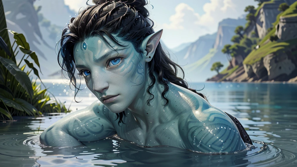 ((ultra detailed, masterpiece, absurdres))
AvAonung, 1boy, blue skin, blue eyes, black hair, looking at viewer, portrait, in a lake