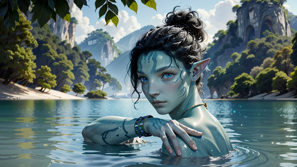 ((ultra detailed, masterpiece, absurdres))
AvAonung, 1boy, blue skin, blue eyes, black hair, looking at viewer, portrait, in a lake