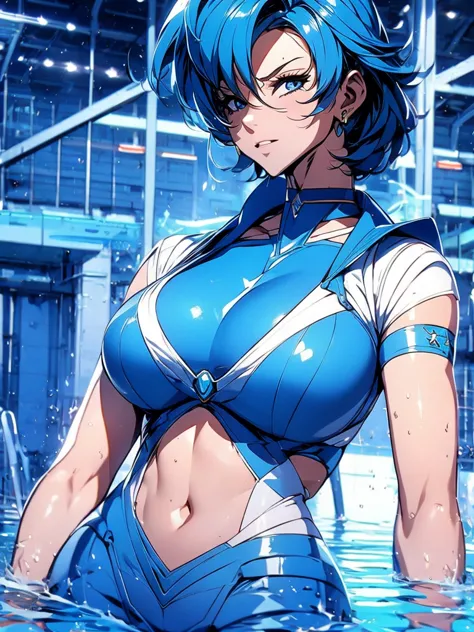 Sailor mercury in full police  suit,long blue hair,Blue Power Ranger, hurricane ,Sexy goth woman big breast, character sheet,ins...