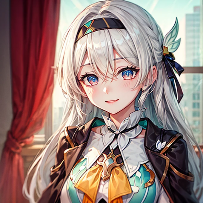 (masterpiece), best quality, expressive eyes, perfect face, headband, firefly (honkai star rail), smile, grey hair, hair ornament, hairband, bow, dress, jacket, fireflydef