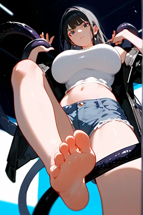 wallpaper，1 woman showing her feet Low Angle，Low Angle，barefoot，suns，Foot Focus，White belly button tank top，Mature，Wearing a black jacket，bangs, Long hair，Black Hair，齐bangs, Denim shorts，Anatomically correct, Big breasts(g)，Eyes on the audience，Contempt，There are many black tentacle-like tails behind it.