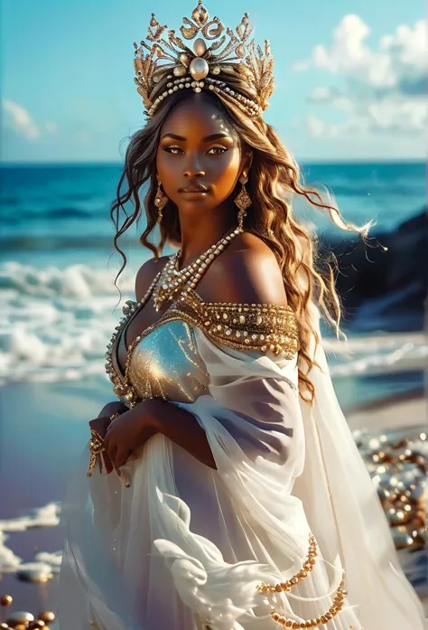 (((goddess oxum )))on a beach with shells stars of the sea a bright light, sorceress, beautiful female sorceress, (( oxum uhd ))...