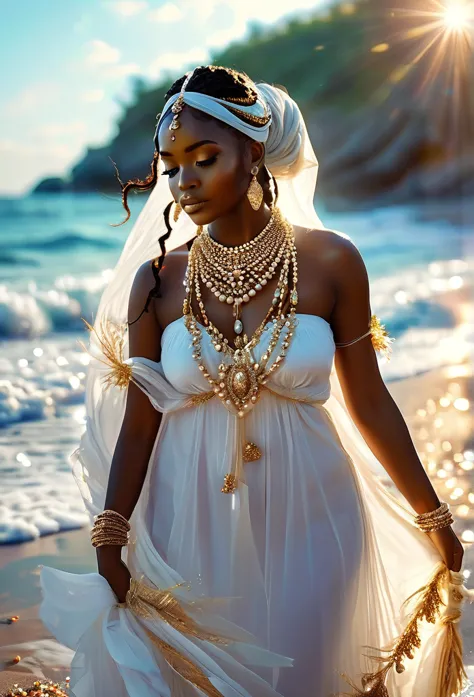 (((goddess oxum )))on a beach with shells stars of the sea a bright light, sorceress, beautiful female sorceress, (( oxum uhd ))...