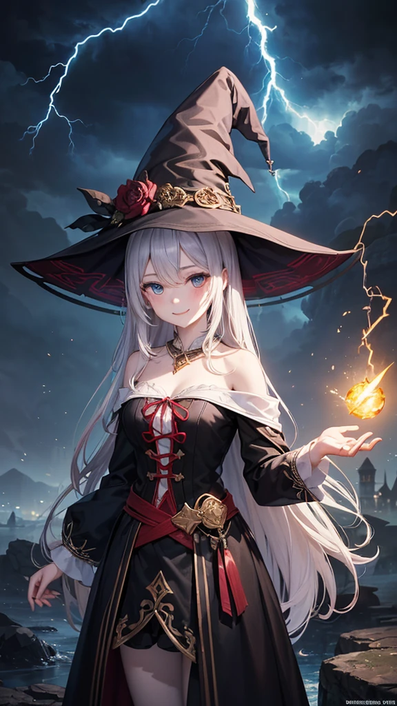 (masterpiece, Top quality), detail, ((Character Concept Art)), (1 名woman, woman, Black long skirt, Witch Hat,young，12 years old，Casting Magic，Huge arc，（（lightning））, Shoulderless neckline，Witch clothing fabric, Many parts), (Pale skin), (detailed Eyes), detailed Face, ((Charming smile emoji)), Athlete&#39;s body, Black hair, Long hair, ((Charming smile emoji)), details, Animated baby, wallpaper, game illustration, Animagine XL Baby, Long hair long style, ((Cast fire magic, Fire Mage)), detail, Anime babe, game illustration, Animagine Doujinshi