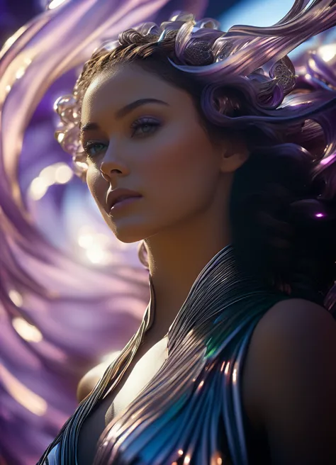 cinematic film dynamic image of a girl in a dress in front of a tangle of iridescent purple tones, a beautiful sci-fi girl with ...